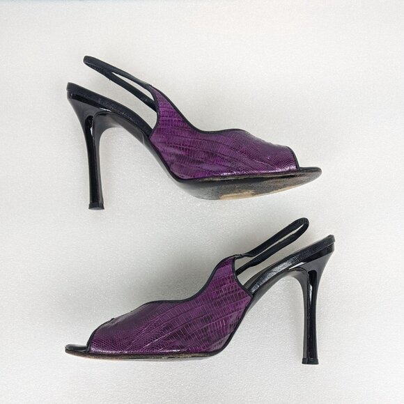 Vintage Designer y2k Purple Snakeskin Leather Peeptoe Slingback Heels 7 - Picture 5 of 10